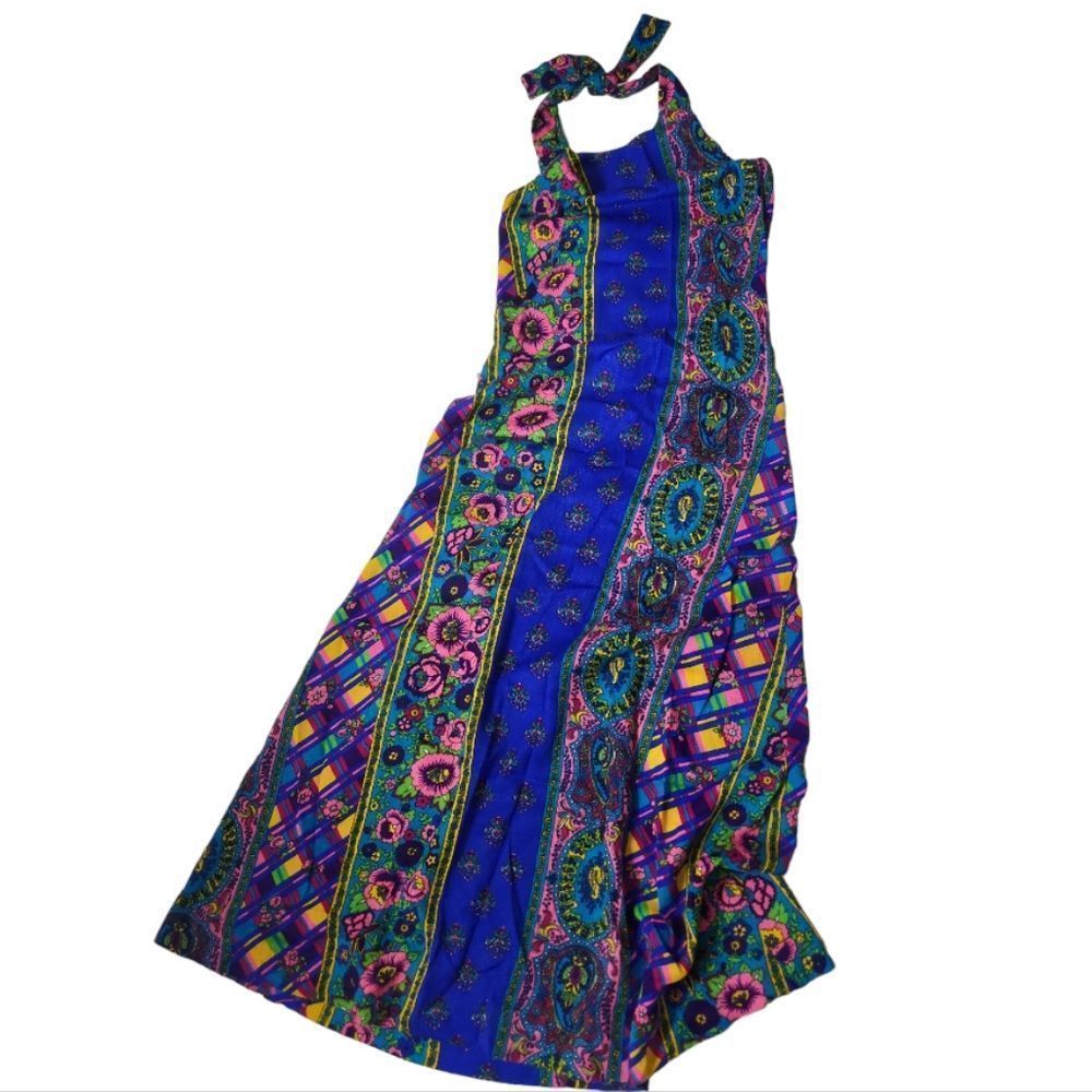 HANDMADE Vintage Blue Paisley Floral Geometric Halter Maxi Dress Size XS